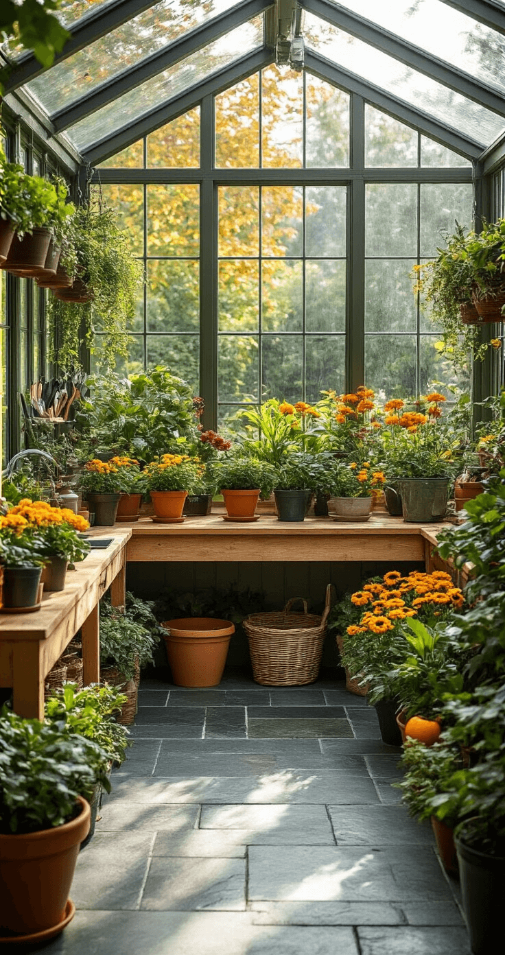 A bright greenhouse-style conservatory featuring a well-organized maintenance station for fall planters, showcasing healthy plants and gardening techniques. The scene includes a wooden potting bench, slate tile floors, and soft morning light highlighting rich gold, burgundy, and sage green tones.