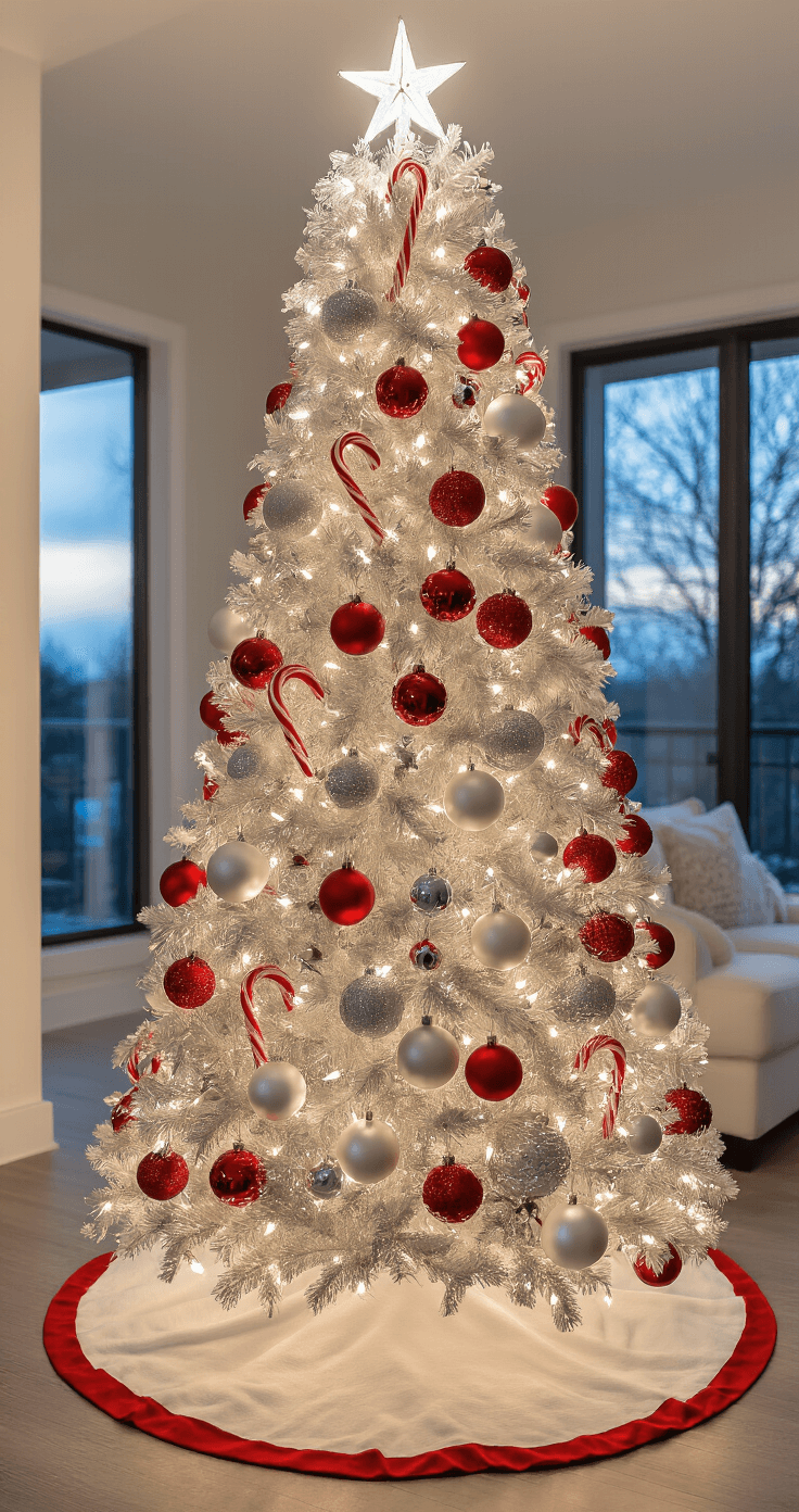 My Sweet Success with a Candy Cane Christmas Tree: From Hot Mess to Holiday Magic A candy cane Christmas tree adorned with 60% white and silver ornaments, 30% red elements, and 10% clear crystal accents, illuminated by warm LED lights in a contemporary living room. The scene features a white tree skirt with red piping and dimensional layers of ornaments, captured from an eye-level perspective with soft lighting eliminating harsh shadows.