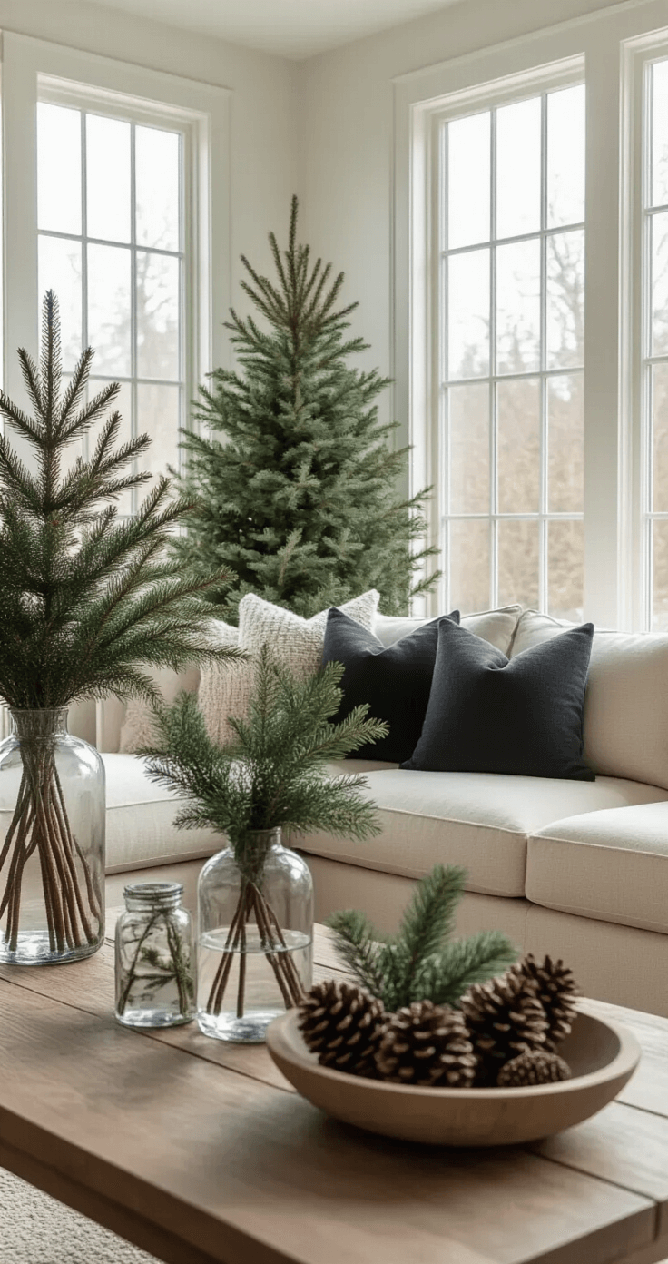 Winter Greenery: Transform Your Home with Lush, Vibrant Decor This Cold Season Cozy living room featuring a cream sectional sofa with charcoal pillows, tall glass vases of winter conifer arrangements, and natural morning light illuminating the space.