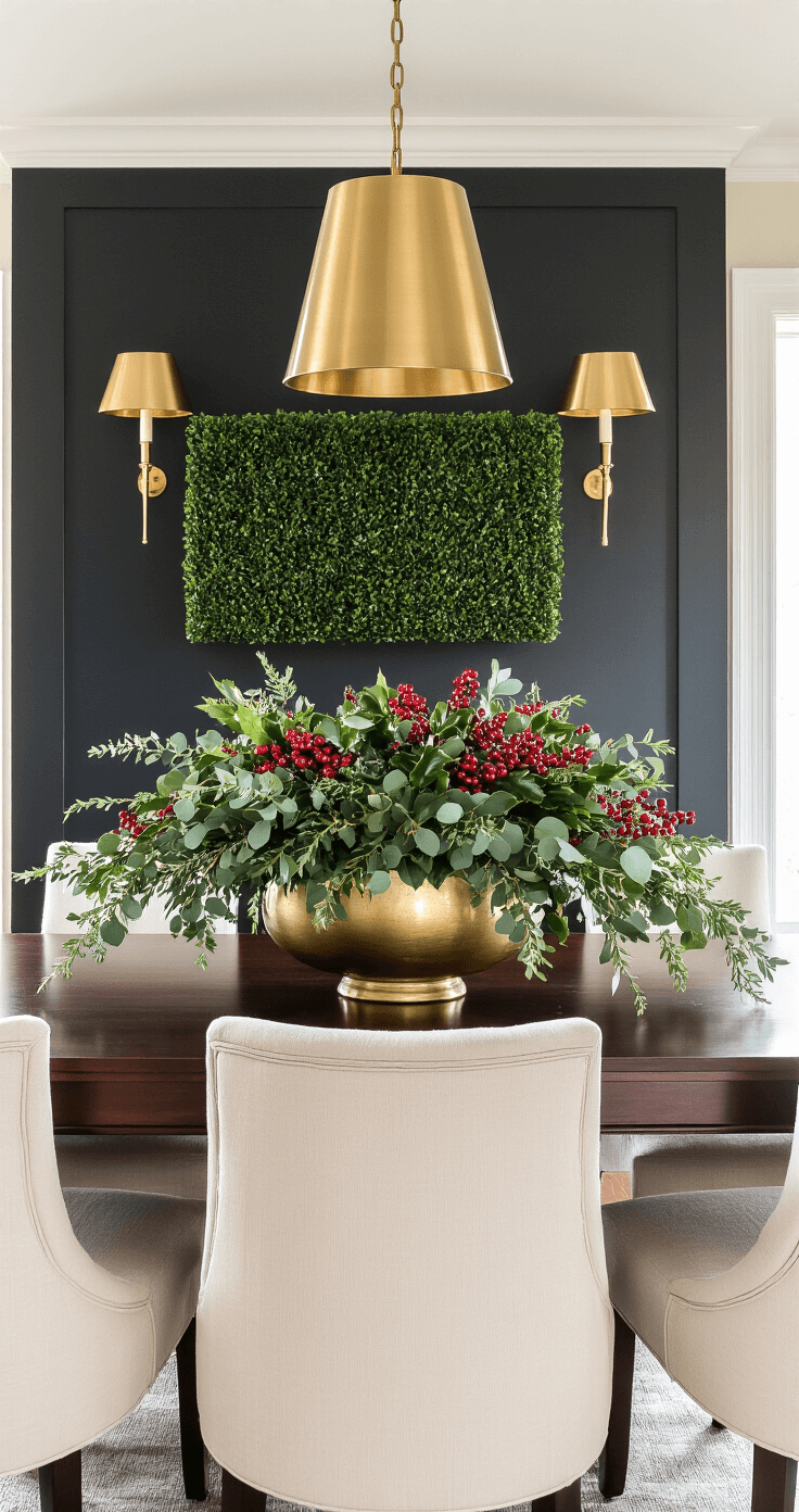 Winter Greenery: Transform Your Home with Lush, Vibrant Decor This Cold Season Elegant dining room with a dark walnut table adorned with a winter greenery centerpiece of holly, red berries, silvery eucalyptus, and boxwood in a gold vessel, surrounded by cream upholstered chairs, warm pendant lighting, and a charcoal accent wall.