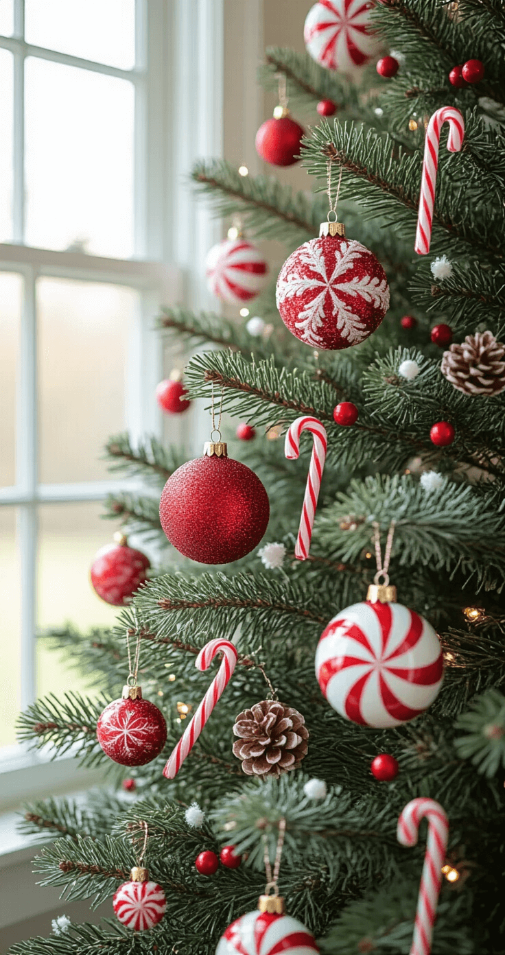 My Sweet Success with a Candy Cane Christmas Tree: From Hot Mess to Holiday Magic Low-angle shot of a decorated tree's lower third, showcasing large ornaments nestled in deep branches, medium pieces at the tips, and small candy canes filling gaps, with scattered mini peppermint candy ornaments and white berry picks providing texture. Morning light highlights the scene, emphasizing the layered depth of ornaments.