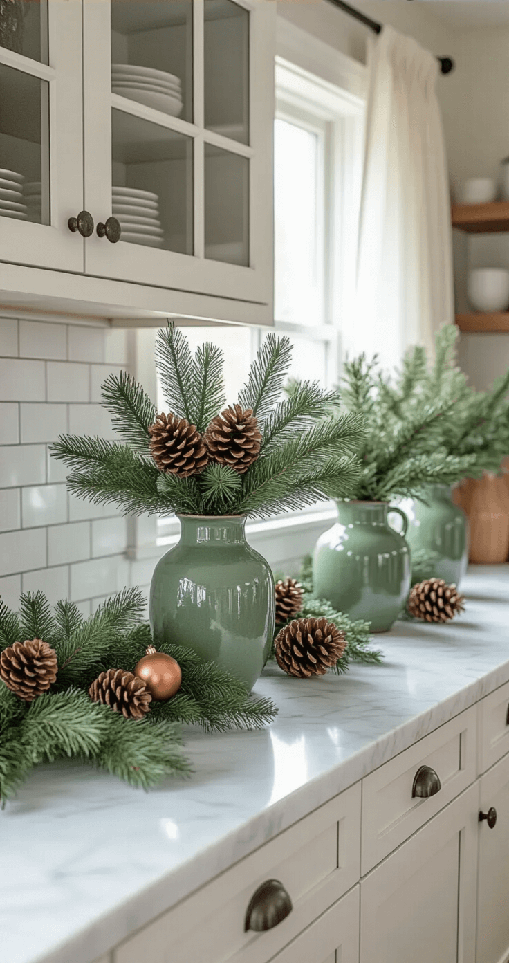 Winter Greenery: Transform Your Home with Lush, Vibrant Decor This Cold Season Inviting farmhouse kitchen with winter greenery in decorative ceramic vases on marble countertops, featuring evergreen branches, frosted pinecones, and metallic copper accents, complemented by white shaker cabinets and a subway tile backsplash, illuminated by soft afternoon light filtering through sheer curtains.
