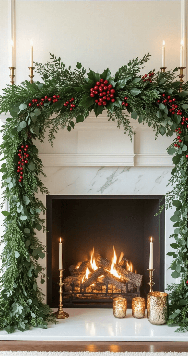 Winter Greenery: Transform Your Home with Lush, Vibrant Decor This Cold Season Luxurious mantelpiece adorned with an elaborate winter greenery garland, featuring boxwood, eucalyptus, and holly branches with red berries, illuminated with integrated lighting; complemented by brass candlesticks and mercury glass votives, all set against a white marble fireplace, creating a cozy evening ambiance with warm firelight.