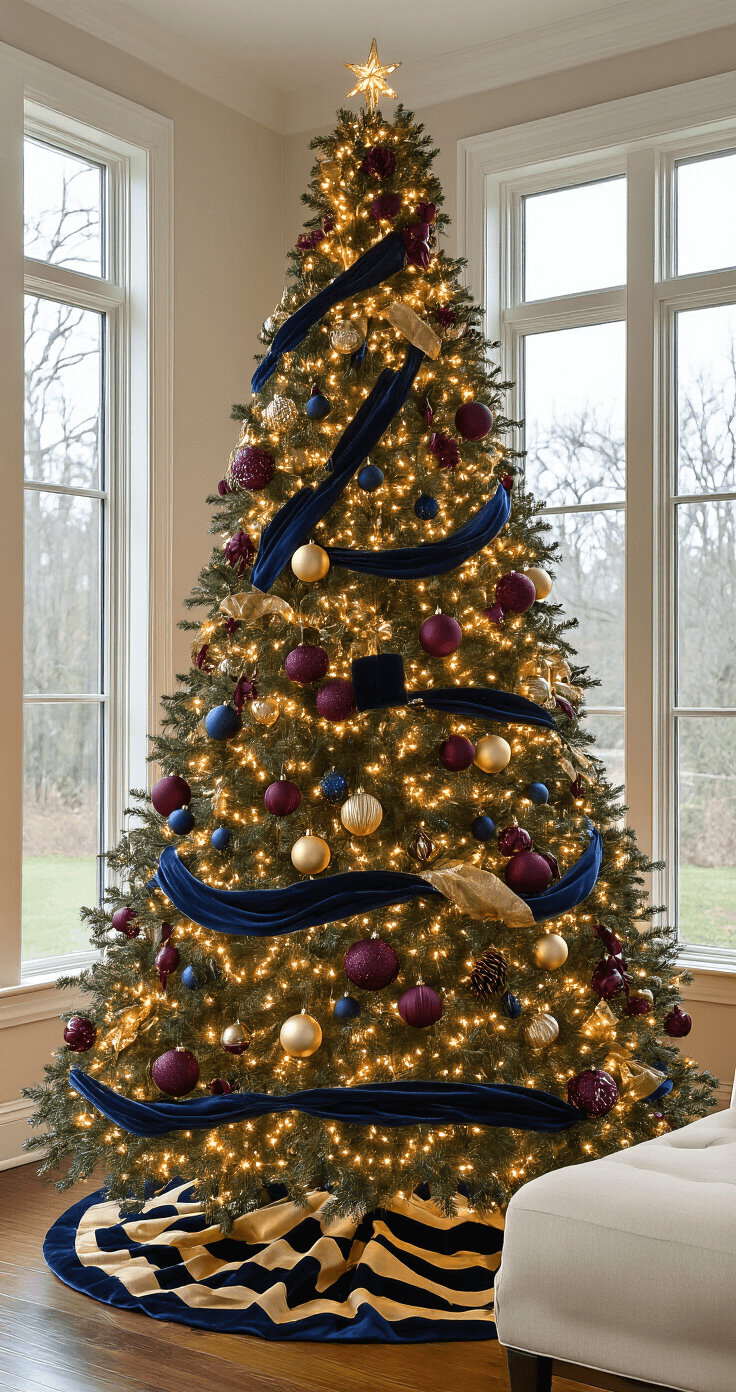 Transform Your Christmas Tree Into 2025's Most Stunning Holiday Centerpiece An elegant living room featuring a tall Christmas tree adorned with navy and gold ornaments, warm LED lights, and draped velvet ribbons, complemented by a plush cream sofa and hardwood floors, all illuminated in a cozy evening atmosphere.