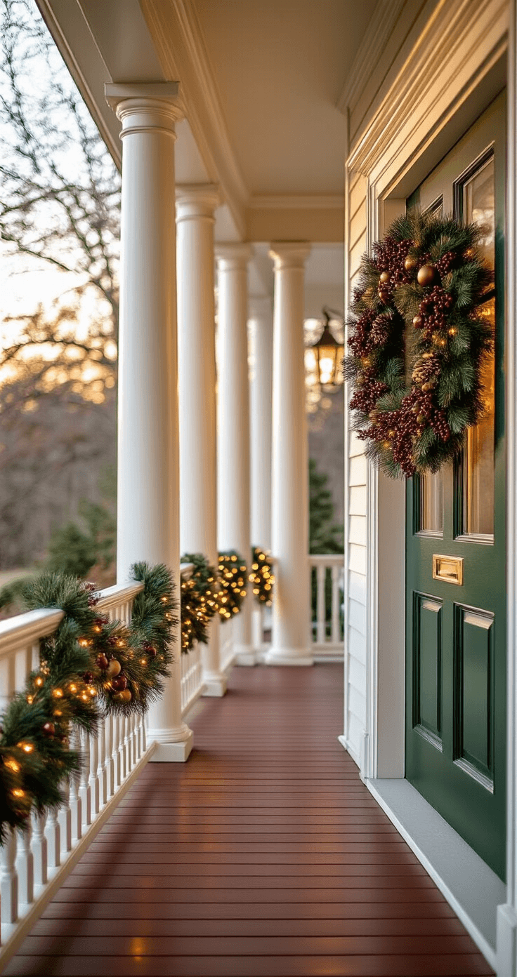 Wide-angle view of a grand wraparound porch with 8-foot columns wrapped in warm LED lights, adorned with cedar and pine garland. A large wreath with pinecones and bronze ornaments hangs on a hunter green door, while mahogany porch boards reflect amber lighting, creating a cozy Christmas morning atmosphere.