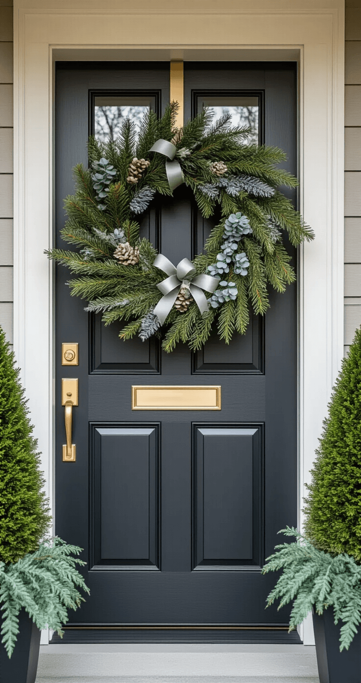 Winter Greenery: Transform Your Home with Lush, Vibrant Decor This Cold Season Modern entryway with a winter wreath on a charcoal front door, featuring brass hardware and structured evergreen topiaries in planters, illuminated by natural daylight showcasing deep greens and silvery eucalyptus.