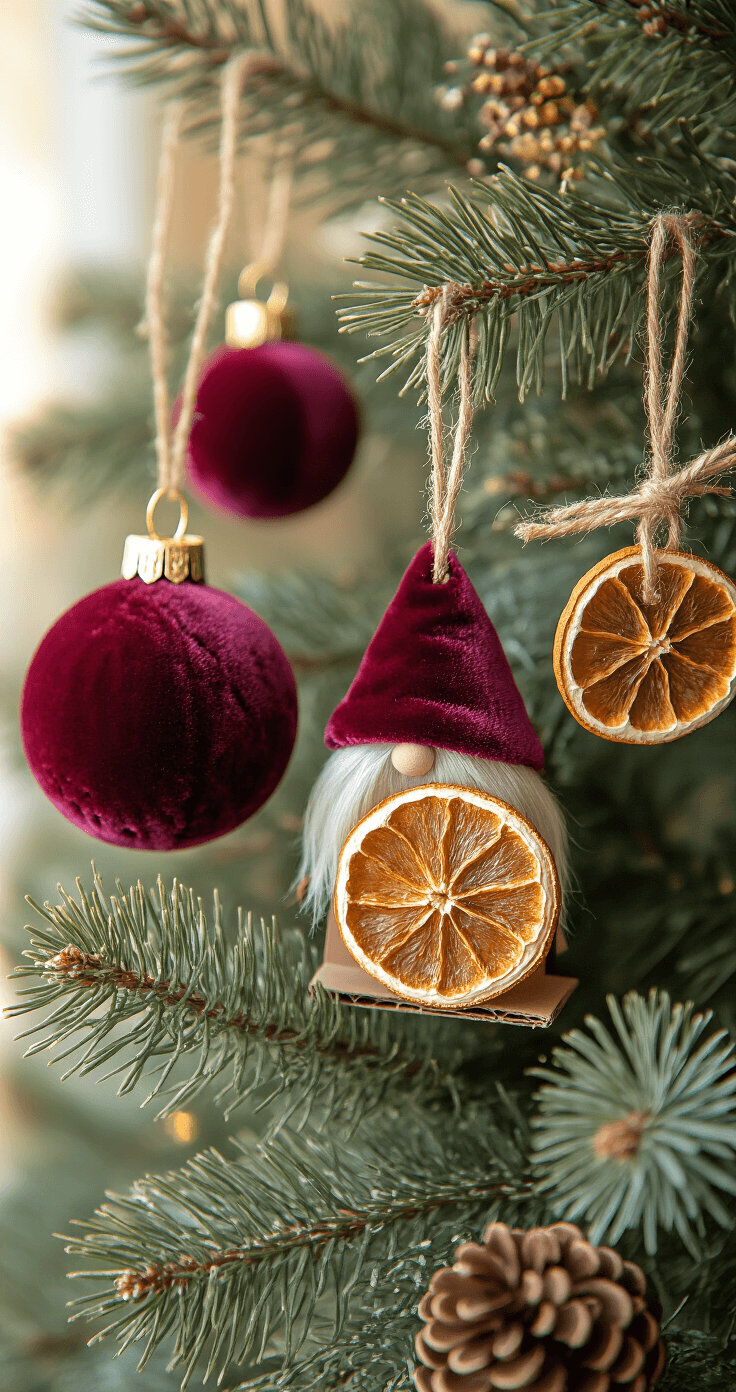 Transform Your Christmas Tree Into 2025's Most Stunning Holiday Centerpiece Close-up of luxury DIY ornaments on evergreen branches, featuring velvet-wrapped burgundy balls, dried orange slices with twine, muted cardboard gnomes, wire-edge ribbon loops, preserved eucalyptus sprigs, and spray-painted pinecones, all captured in warm golden lighting with rich textures and metallic accents.
