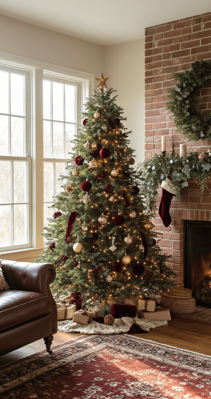 Transform Your Christmas Tree Into 2025's Most Stunning Holiday Centerpiece A cozy family room at golden hour, featuring a traditionally decorated Christmas tree with deep burgundy and forest green accents, velvet ribbons, and vintage glass ornaments, surrounded by eucalyptus branches, cinnamon sticks, and dried hydrangeas, alongside a warm brick fireplace, a leather armchair, and a Persian rug, all bathed in soft window light and tree illumination.