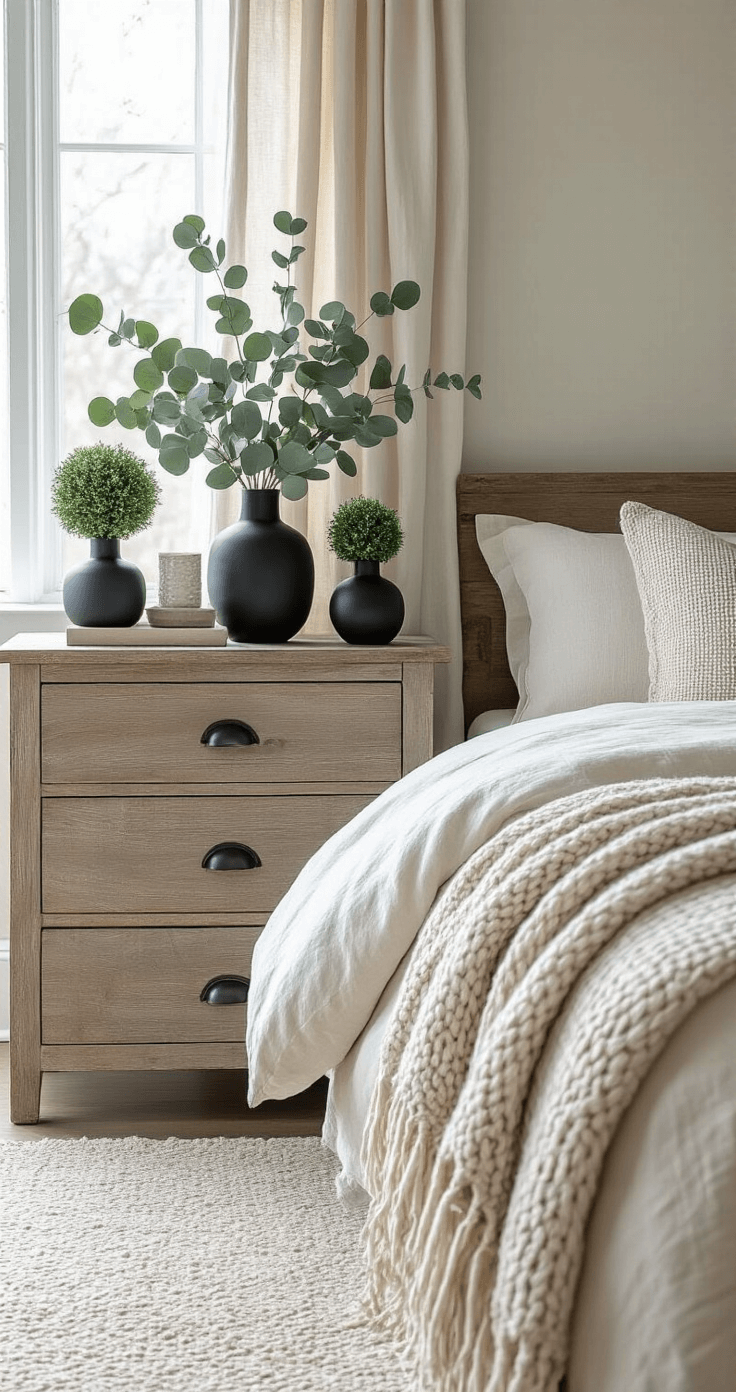 Winter Greenery: Transform Your Home with Lush, Vibrant Decor This Cold Season Sophisticated bedroom with winter greenery in matte black vases on reclaimed wood dresser and nightstands, featuring cream and soft gray linen bedding, morning light illuminating silvery-green eucalyptus leaves, and warm natural textures.