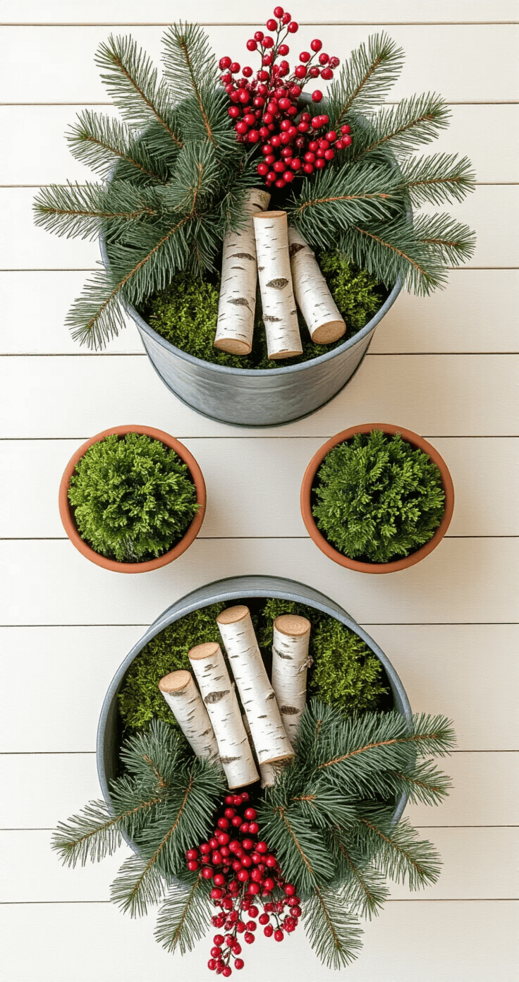 Overhead view of a winter-themed porch display featuring galvanized containers filled with birch logs, pine branches, and berry sprays, with small evergreens on upside-down terra cotta pots, set against cream-colored porch boards.