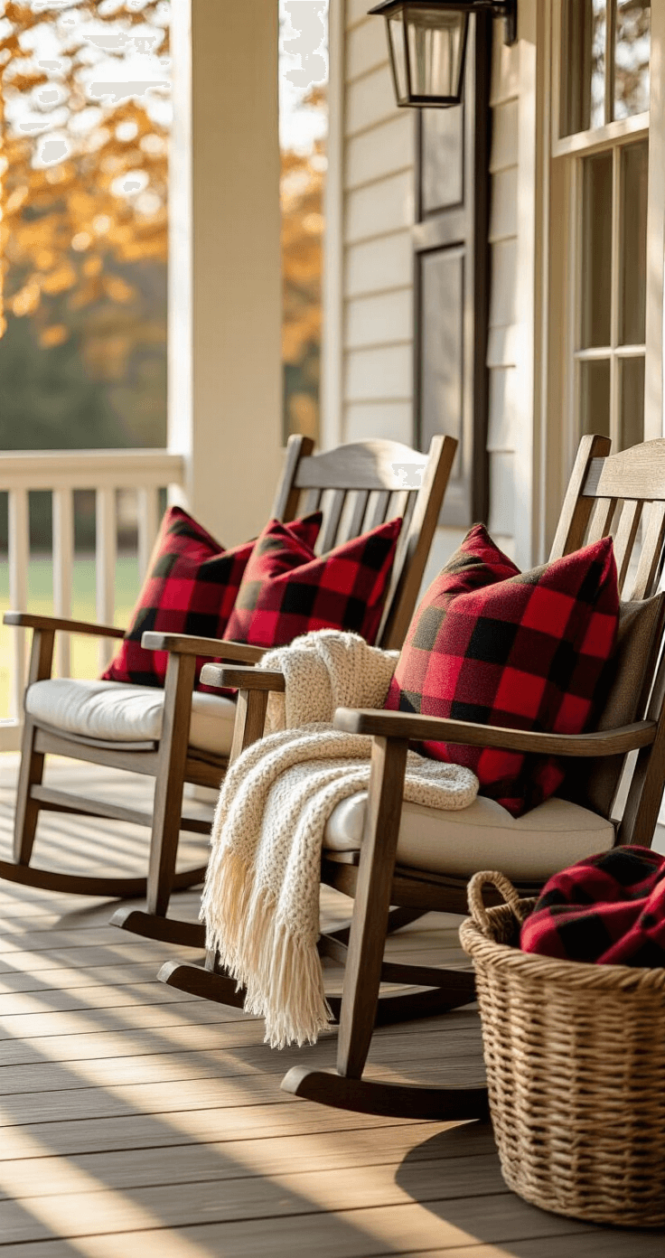 Cozy porch seating area featuring weathered rocking chairs, buffalo check pillows, and a woven basket of blankets, bathed in afternoon golden light for a warm farmhouse Christmas ambiance.