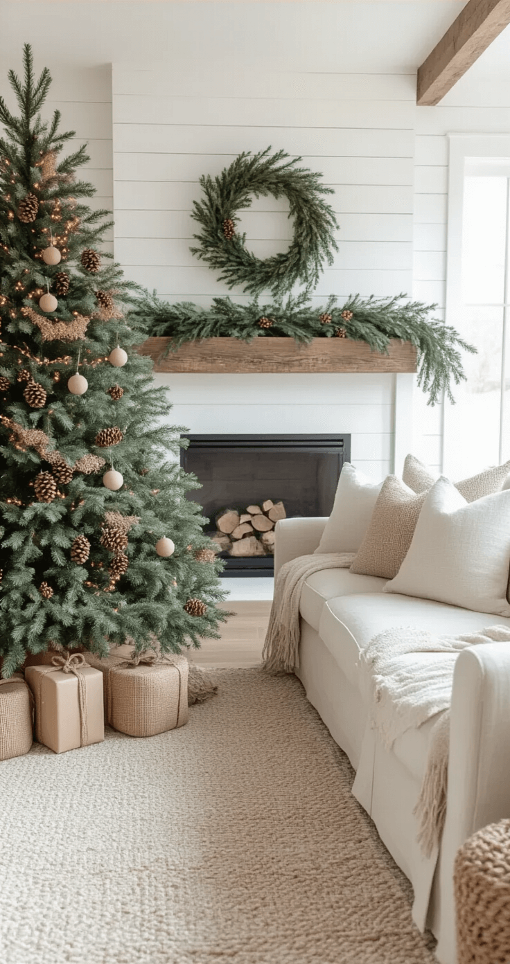 Transform Your Christmas Tree Into 2025's Most Stunning Holiday Centerpiece A modern farmhouse living room decorated for Christmas, featuring a natural-themed tree adorned with dried fruit ornaments, fresh eucalyptus garland, and pine sprigs, set against white shiplap walls and a reclaimed wood mantle; the warm afternoon light highlights neutral linen furniture and three-layered ornament placement with warm white LED lights woven into the tree branches.