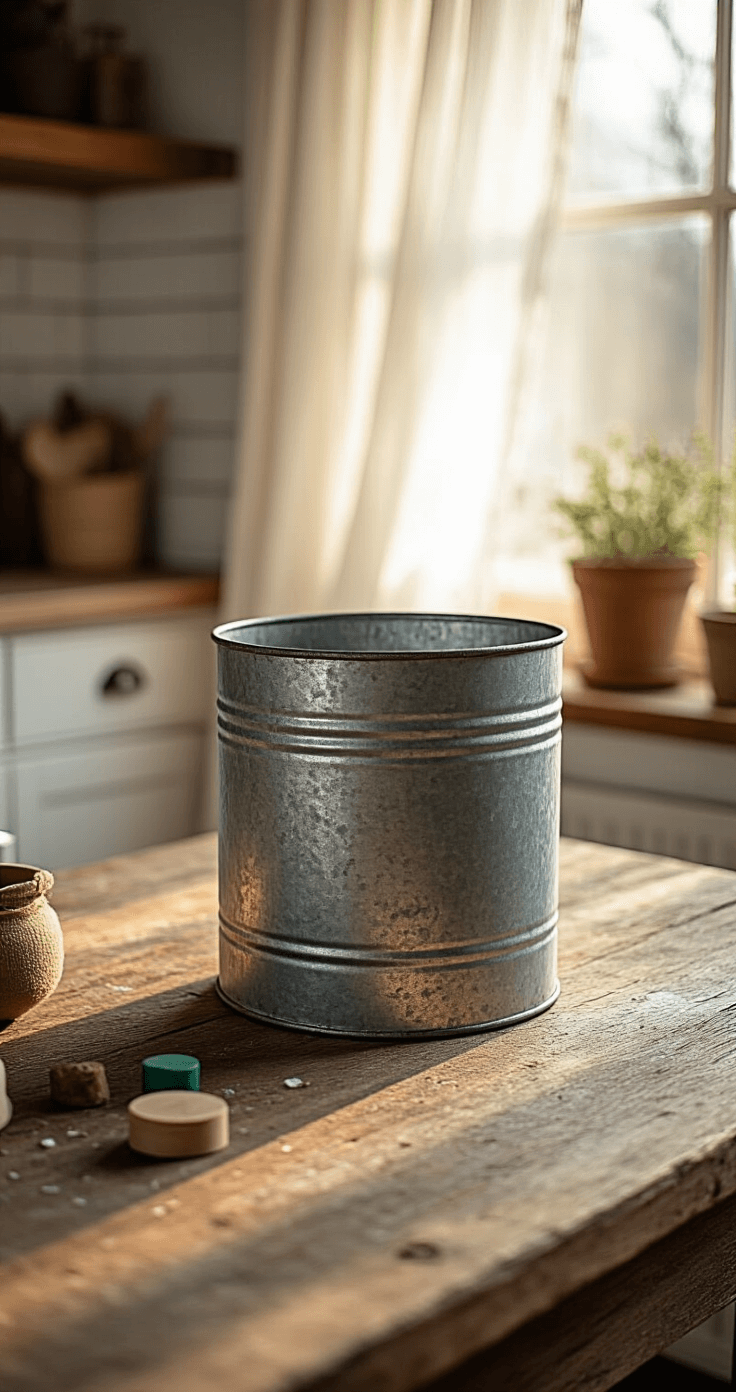 A rustic galvanized metal container sits on a weathered wood table, bathed in warm golden hour light, with soft winter afternoon light filtering through sheer curtains; crafting supplies are scattered around it, set against a cozy farmhouse kitchen backdrop featuring white subway tiles.