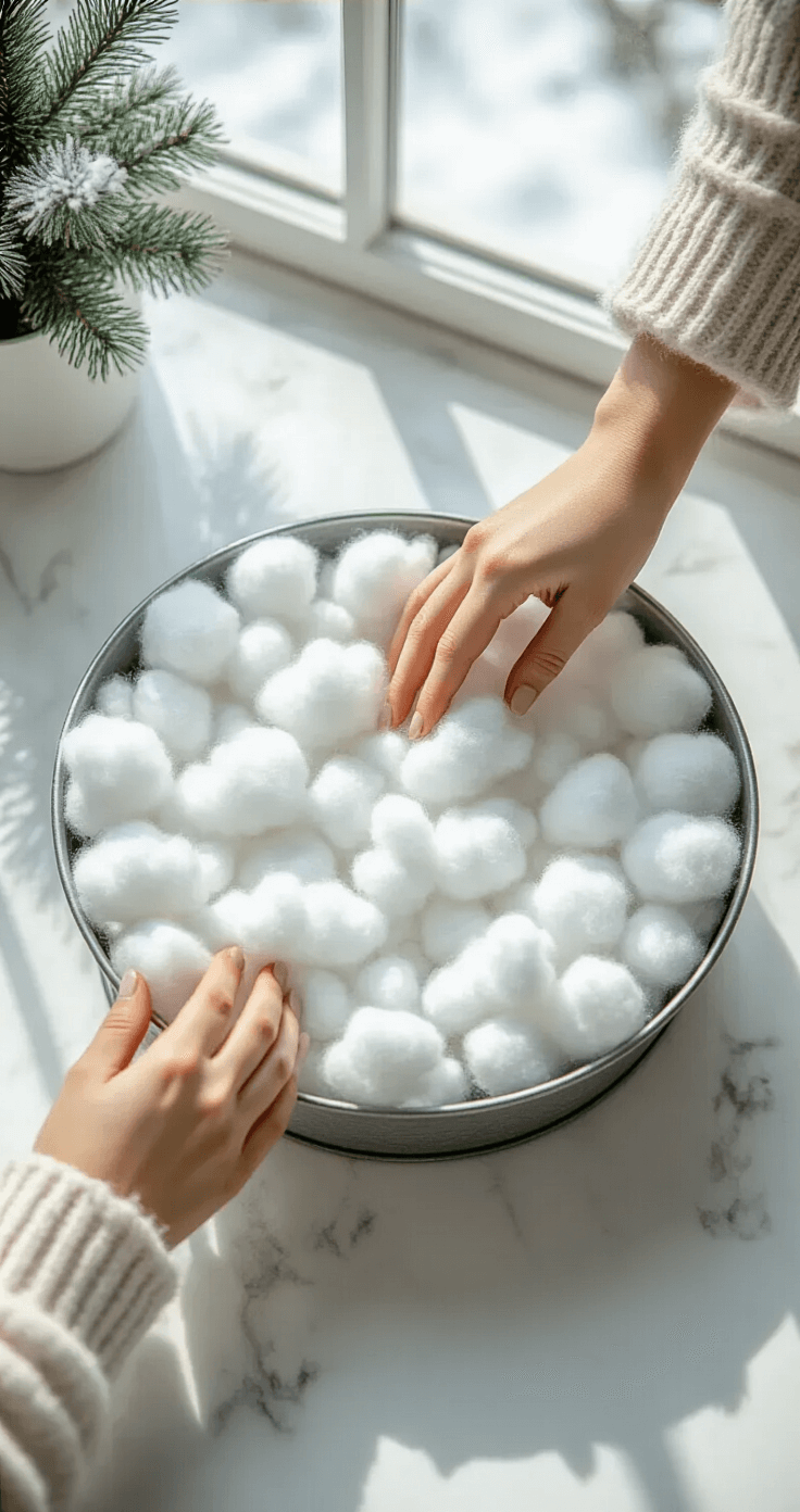 Close-up view of hands gently placing fluffy white cotton batting resembling snow into a circular metal planter, with soft shadows cast on a clean white marble countertop, illuminated by bright natural daylight from a large window, creating a textured winter landscape base.