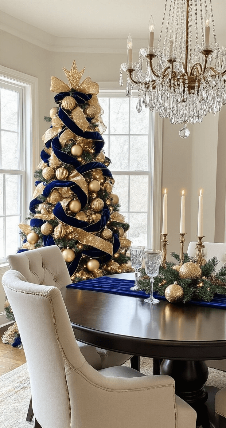 Transform Your Christmas Tree Into 2025's Most Stunning Holiday Centerpiece Elegant dining room decorated for Christmas, featuring a navy and gold tree with sophisticated ornament clusters, deep navy velvet ribbons, a crystal chandelier above a dark wood dining table, and cream upholstered chairs, all under warm evening lighting.