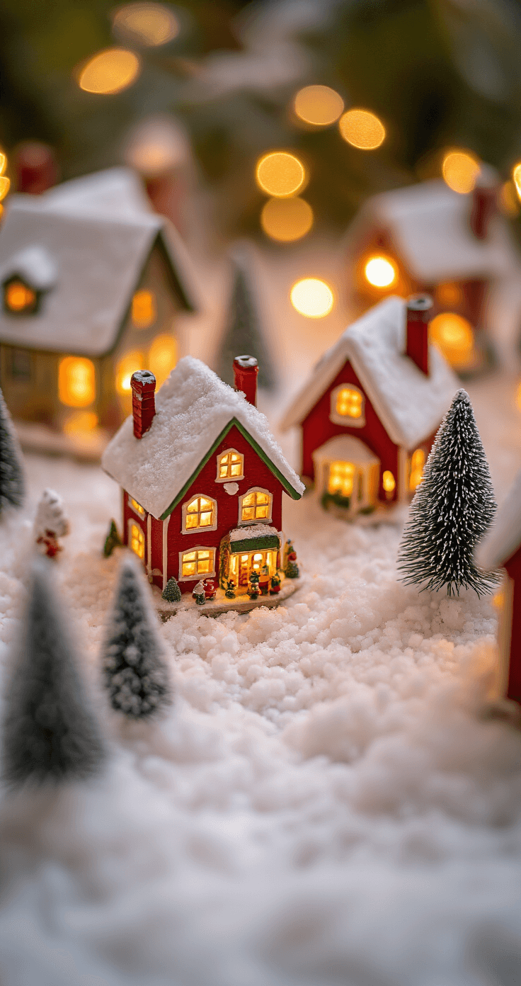 A close-up view of a miniature Christmas village set in a fairy garden, featuring snow-dusted houses illuminated by warm LED lights, surrounded by bottle brush trees amidst white cotton snow, with golden evening lighting that enhances the festive red and green color palette and highlights the intricate dollhouse architecture.
