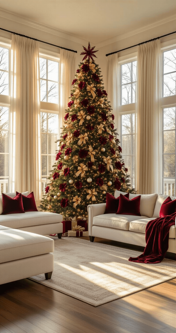 Transform Your Christmas Tree with Stunning Bow Decorations: A Complete Guide Wide-angle shot of a bright living room during golden hour featuring a tall Fraser fir Christmas tree decorated with burgundy velvet and gold ribbon bows, complemented by a cream linen sectional sofa and gleaming hardwood floors, creating a warm and inviting holiday atmosphere.