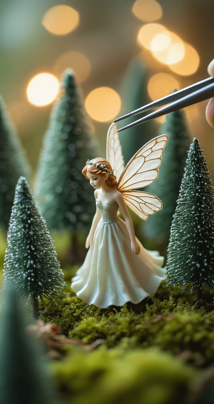Close-up photo of delicate fairy figurines, one held by tweezers, nestled among tiny evergreen trees with warm tungsten lighting, highlighting intricate details of wings and dresses on an emerald green moss base, with bokeh background lights creating a whimsical enchanted forest atmosphere.