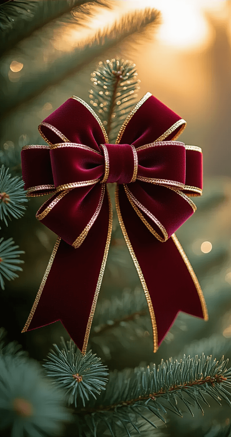 Transform Your Christmas Tree with Stunning Bow Decorations: A Complete Guide Close-up macro shot of a lavish burgundy velvet Christmas tree topper bow with gold metallic wire edges, featuring 12 loops and 18-inch tails, surrounded by dewdrop-laden evergreen needles. The image showcases detailed ribbon texture and professional shaping, illuminated by soft morning light at a 45-degree angle, creating a luxurious catalog-quality appearance.