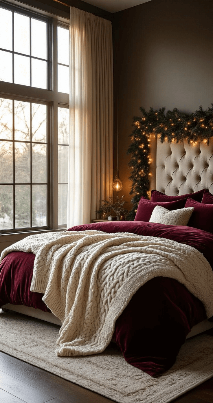 Luxurious master bedroom featuring an upholstered headboard draped with evergreen garland, rich burgundy velvet bedding, and cream cable knit throws, illuminated by warm LED fairy lights, with dark hardwood floors and tall windows adorned with sheer curtains. Sophisticated holiday decor with brass accents and deep forest green touches, captured in a wide-angle shot from the foot of the bed.