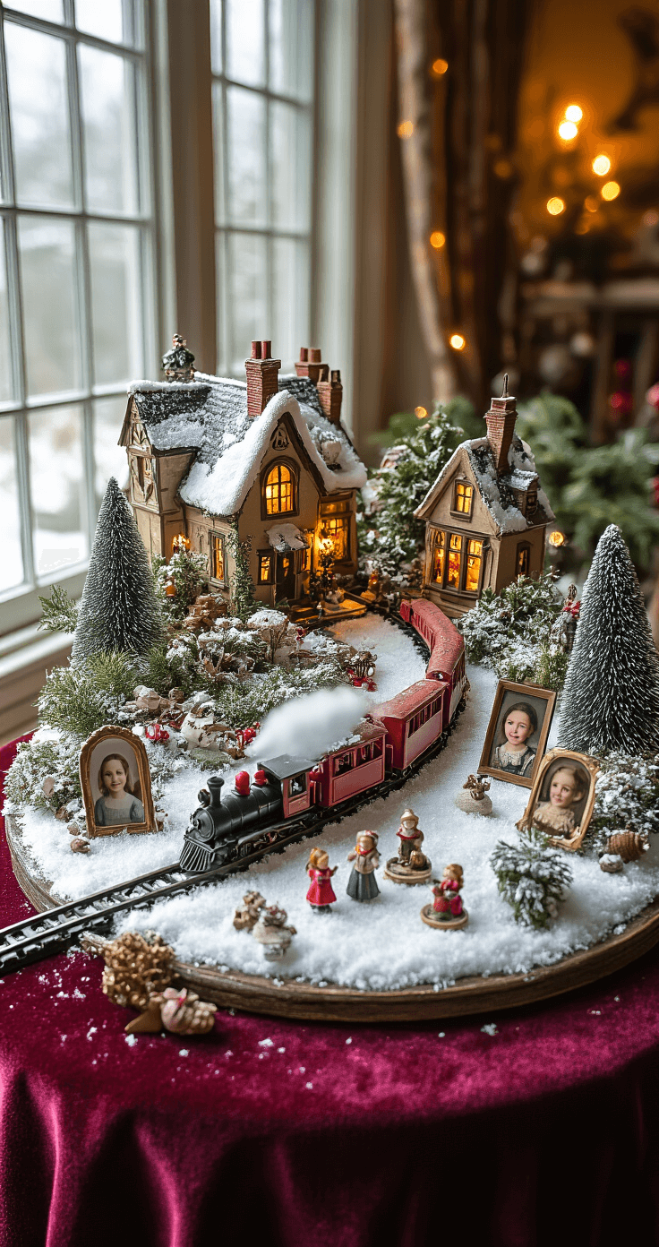 A medium shot of a whimsical fairy garden featuring personal heirloom miniatures and a vintage toy train meandering through a snowy scene, surrounded by tiny family photo portraits, all illuminated by warm overhead lighting on a rich burgundy velvet table runner, evoking a nostalgic Christmas morning atmosphere.