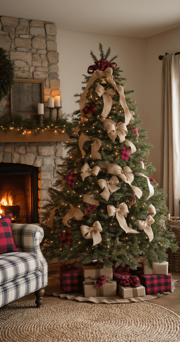 Transform Your Christmas Tree with Stunning Bow Decorations: A Complete Guide Medium shot of a cozy cottage living room featuring a 7-foot noble fir Christmas tree adorned with natural burlap ribbon bows and buffalo check patterns in cream and red, alongside a glowing stone fireplace and vintage holiday decor on a distressed wooden mantle. A comfortable plaid armchair and braided jute rug complement the rustic elegance of the scene, enhanced by warm pendant lighting and twinkling string lights among the tree's branches, all in a palette of natural beiges, warm reds, and forest greens.