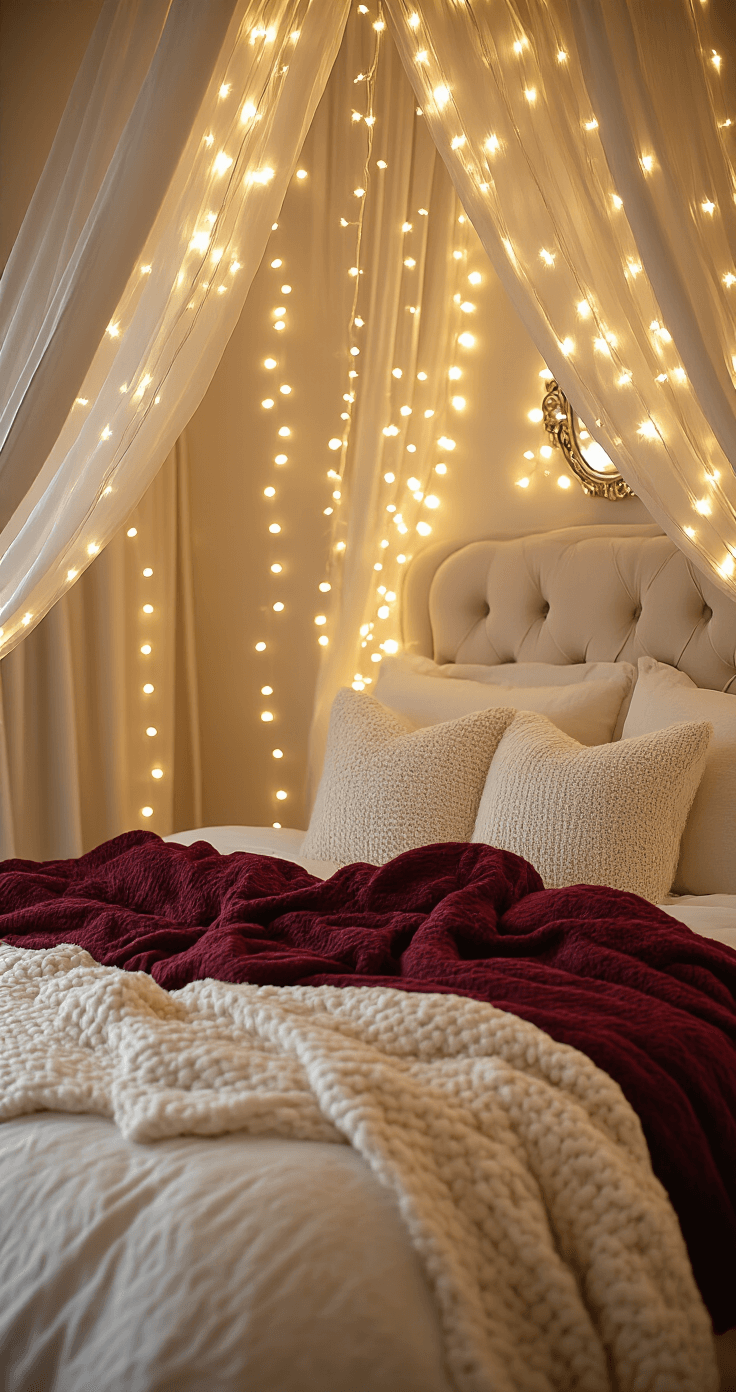 Intimate bedroom corner at twilight with warm white fairy lights above a tufted headboard, soft diffused lighting through gauze curtains, and a plush flannel bedding in burgundy and cream, creating a romantic Christmas Eve ambiance.
