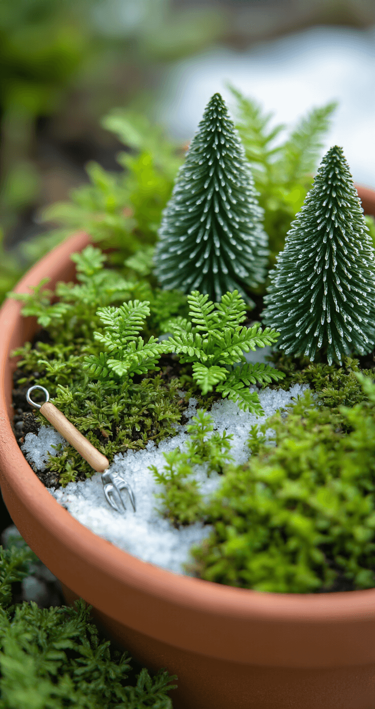 Close-up of tiny live ferns and miniature conifers in a fairy garden corner, with natural morning light enhancing fresh green textures against white snow, dewdrops on small leaves, and delicate plant care tools visible among the terra cotta pot edges.