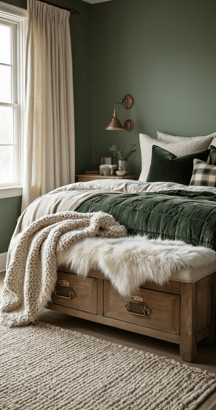 Cozy winter bedroom featuring layered bedding with velvet pillows and chunky knit throws, tartan accents, and faux fur draped on a bench, amidst rustic wood nightstands with brass hardware, illuminated by soft morning light through linen curtains, in a rich palette of deep greens and warm creams.