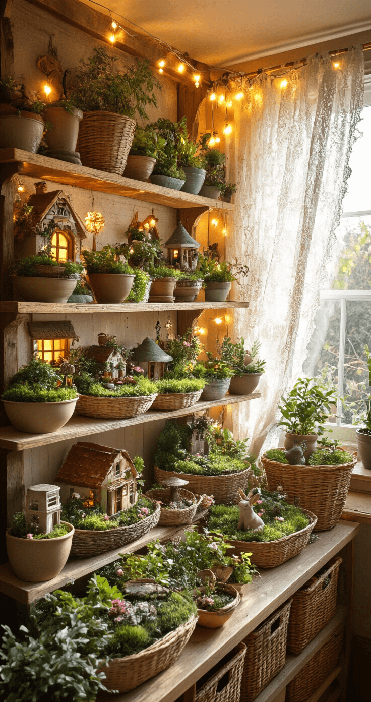 A cozy craft room features a rustic wooden shelving unit displaying multiple unique fairy gardens, each themed differently. Warm string lights are draped overhead, and afternoon golden light streams through lace curtains, illuminating the organized creative workspace filled with storage baskets.