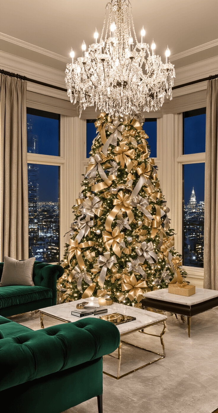 Transform Your Christmas Tree with Stunning Bow Decorations: A Complete Guide Glamorous evening living room scene featuring a 9-foot Christmas tree decorated with metallic ribbon bows, surrounded by a velvet emerald sofa, marble coffee table, and a crystal chandelier, with city lights twinkling through large windows.