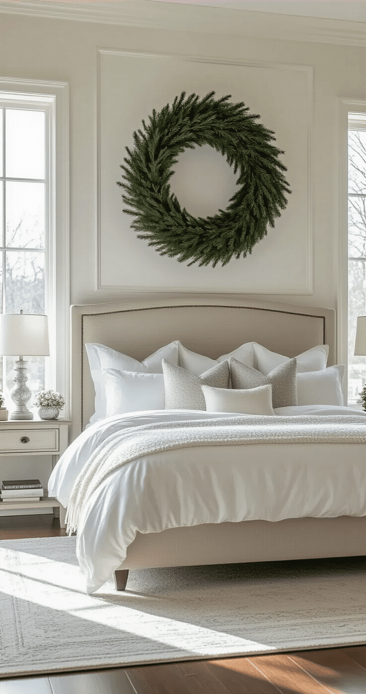 Elegant bedroom with a large evergreen wreath above the king-size headboard, featuring a neutral palette with silver and white accents. The room showcases clean architectural lines, high ceilings with crown molding, and polished hardwood floors, all illuminated by bright winter sunlight through tall windows, creating a sophisticated winter wonderland aesthetic.