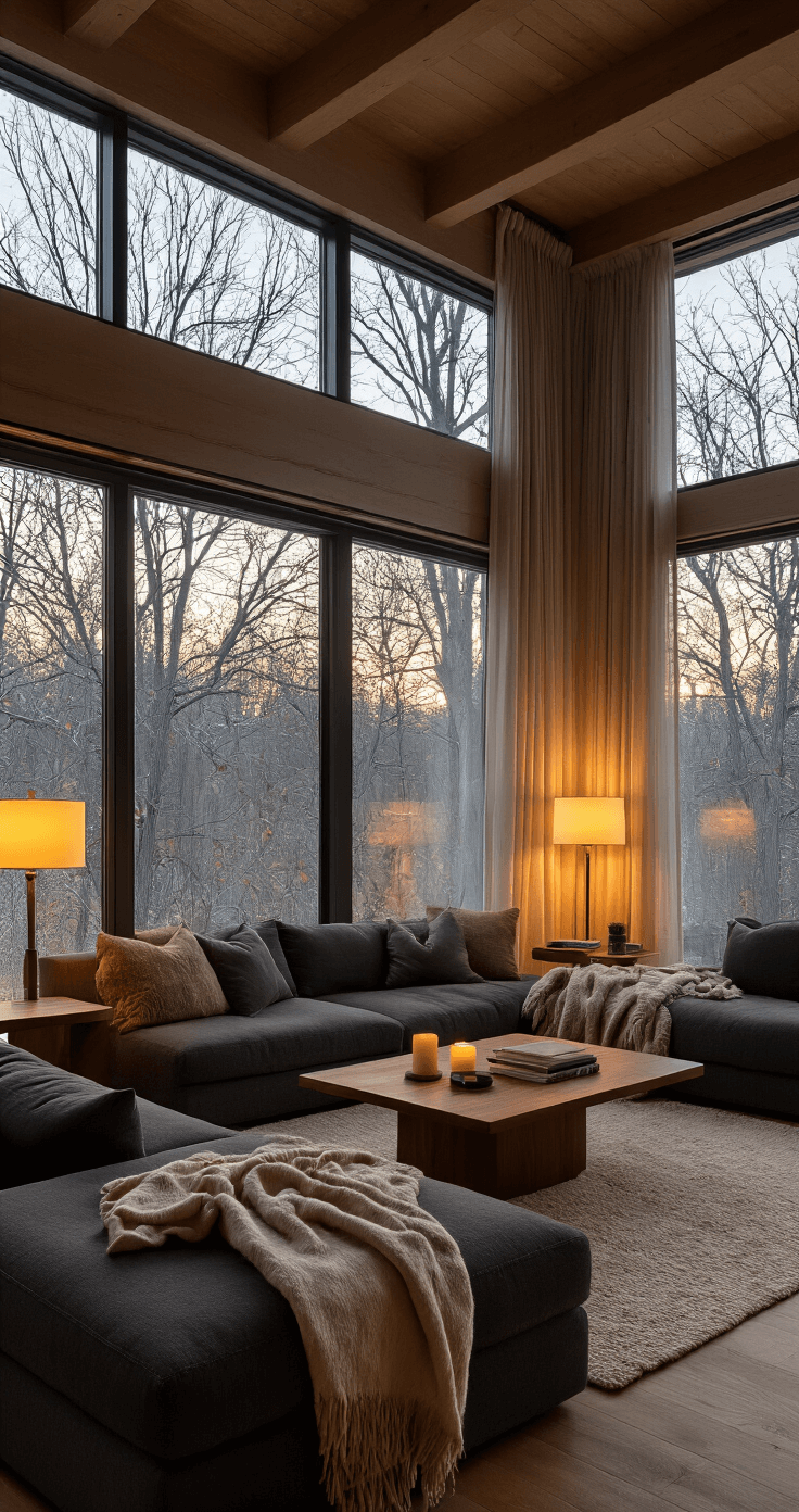 Winter Tree Survival: How Trees Adapt and Thrive in Freezing Conditions Wide-angle view of a modern living room with low-slung charcoal furniture, amber lighting from lamps, and earthy textures. A walnut coffee table and cozy throw blankets enhance the serene ambiance. Exposed wooden beams and large windows reveal bare winter trees, with golden hour light filtering through sheer curtains.