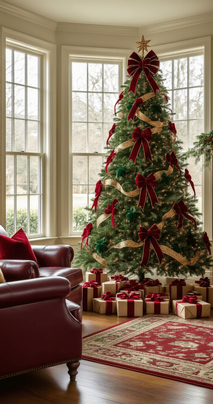 Transform Your Christmas Tree with Stunning Bow Decorations: A Complete Guide Traditional Christmas morning scene featuring a 6-foot Douglas fir adorned with deep red velvet and hunter green ribbon bows, illuminated by natural daylight from bay windows, with comfortable burgundy leather chairs and warm oak flooring, creating a nostalgic atmosphere.