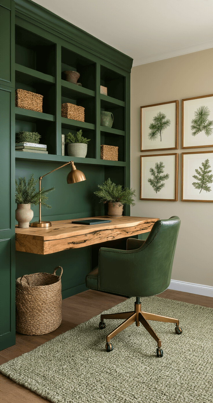 Winter Tree Survival: How Trees Adapt and Thrive in Freezing Conditions Home office featuring rich forest green built-in shelving, a natural pine desk with a live edge, and a deep hunter green leather chair. Walls adorned with botanical prints of pine needles and warm brass desk lamp. A sage-toned textured wool area rug complements the space, while ceramic planters with preserved evergreen branches add a touch of nature. Soft morning light streams in from a north-facing window, illuminating the neutral beige walls. The scene is captured from the doorway, showcasing the vibrant, productive atmosphere.