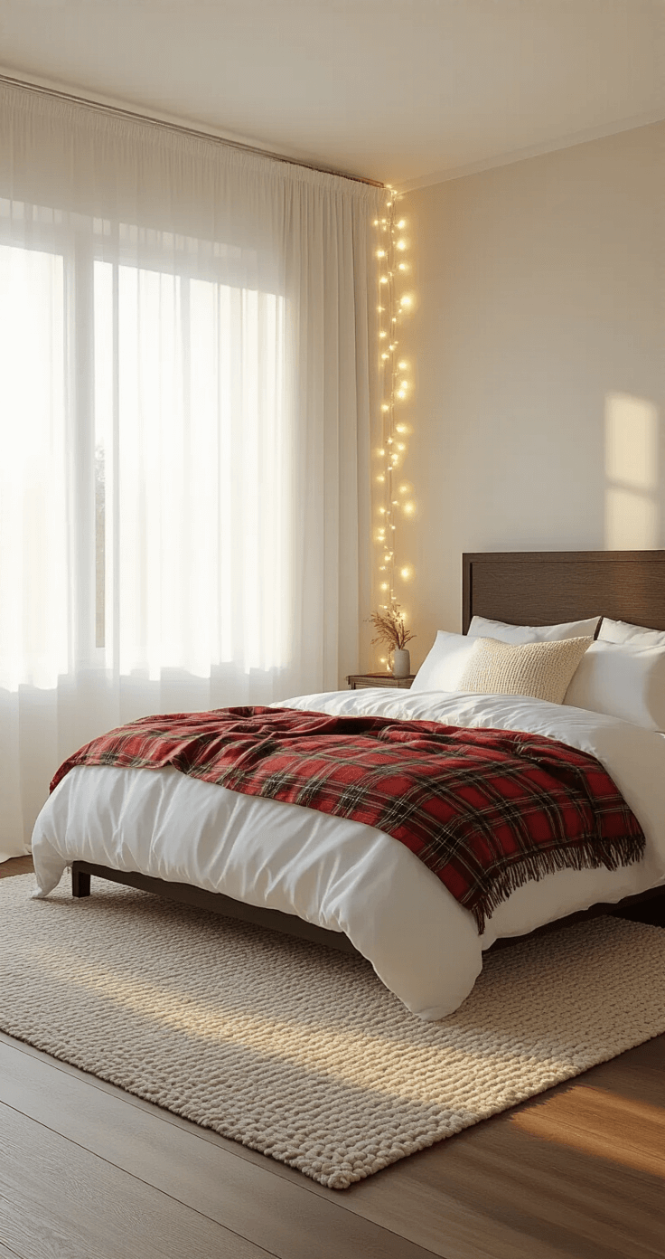 Photorealistic wide-angle view of a modern bedroom at golden hour, featuring a king bed with white linens and a red plaid duvet, soft light filtering through sheer curtains, fairy lights on a dark wood headboard, and a warm, cozy atmosphere.