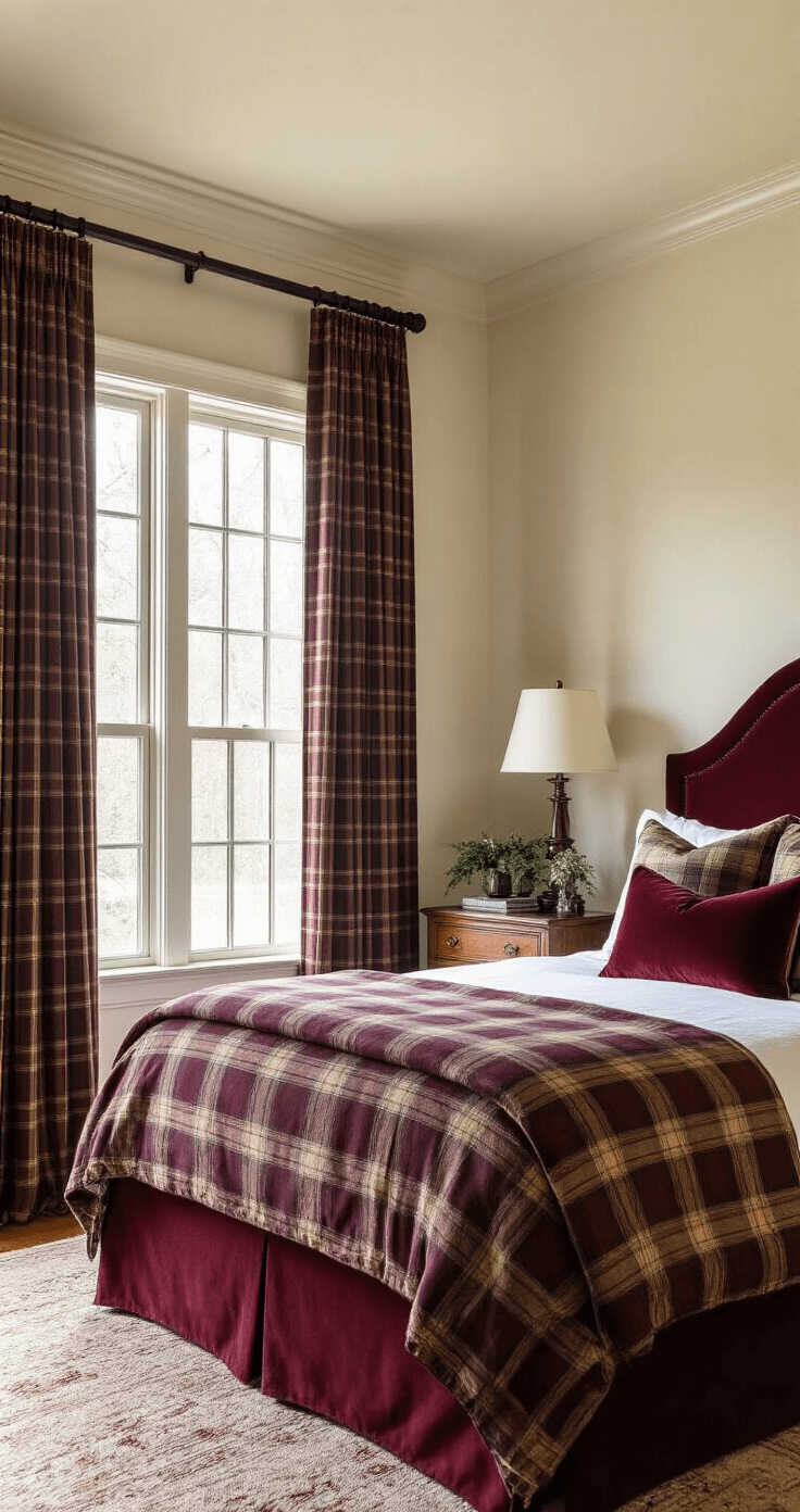 A sophisticated bedroom showcasing rich plaid curtains and a tartan throw, featuring a deep burgundy and gold color scheme, velvet accent pillows, polished mahogany furniture, and warm afternoon light creating a traditional yet modern holiday ambiance.