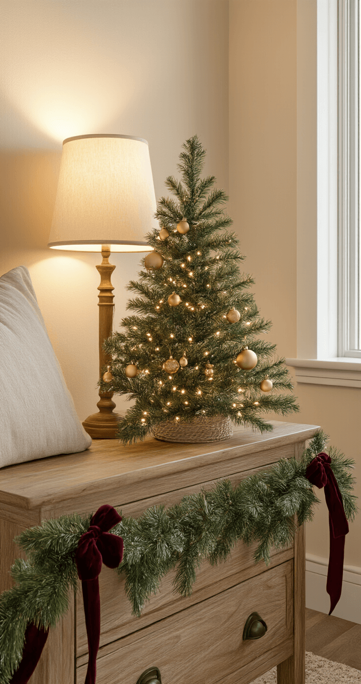 Cozy bedroom scene featuring a mini Christmas tree with gold ornaments on a rustic oak nightstand, warm lamp glow, cream walls, and fresh pine garland with burgundy ribbon, illuminated by soft morning light from a side window.