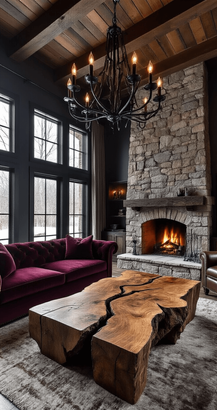 Winter Tree Survival: How Trees Adapt and Thrive in Freezing Conditions Dramatic living space with a split-wood coffee table, heavy black iron chandelier, stone fireplace, burgundy velvet sofa, and weathered leather armchairs, all featuring chiaroscuro lighting and a stormy gray color scheme, emphasizing winter's raw power and vulnerability.