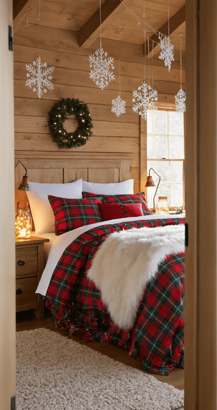Cozy traditional Christmas bedroom featuring red and green plaid flannel bedding, white sheets, and a faux fur throw. Mason jar luminaries with fairy lights adorn oak nightstands, while paper snowflakes hang from the ceiling in warm tungsten lighting, creating a inviting cabin-like atmosphere.