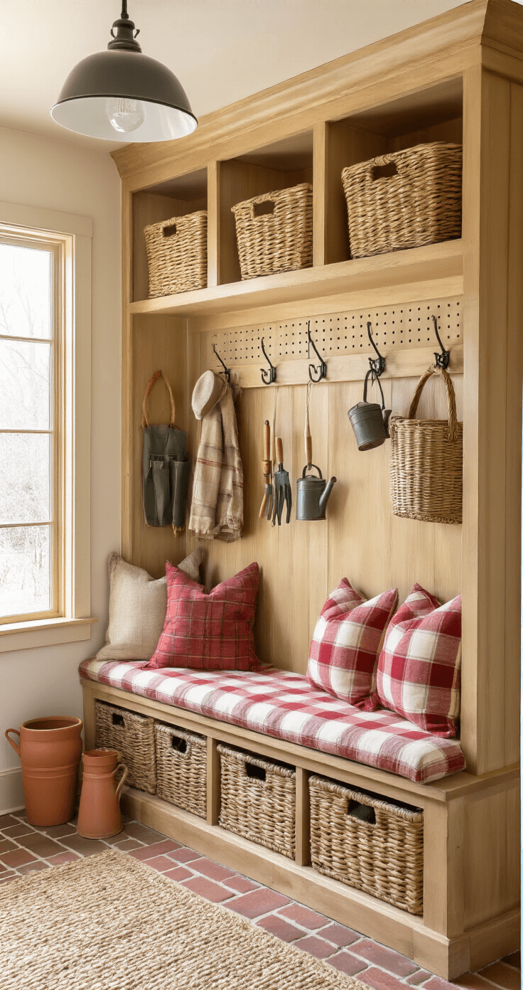 Winter Tree Survival: How Trees Adapt and Thrive in Freezing Conditions Cozy winter-themed mudroom featuring warm wood built-ins, woven baskets, hanging winter gear, and a bench with plaid cushions, illuminated by golden hour light from a side window.