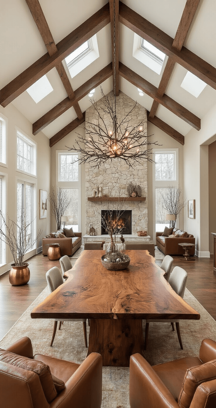 Winter Tree Survival: How Trees Adapt and Thrive in Freezing Conditions A grand foyer with a soaring ceiling and exposed wooden trusses features a live-edge dining table, tree branch-inspired lighting, and rich walnut flooring, accented by warm cognac leather seating and copper planters. Natural light streams in from clerestory windows, illuminating an earth-toned palette of browns, creams, and deep greens, capturing the elegance of winter survival through sophisticated interior design.
