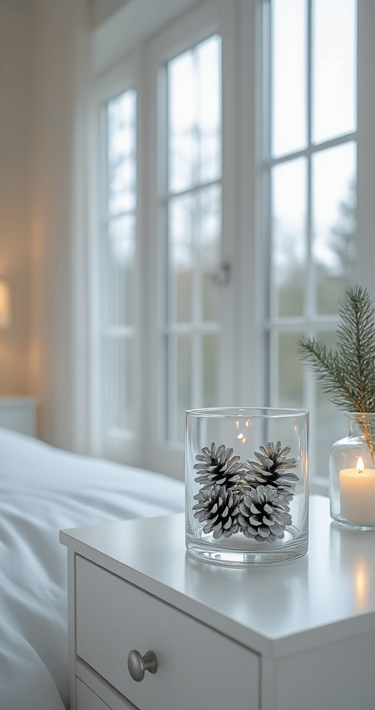 Modern minimalist bedroom close-up featuring a white and pale blue color palette, with a clean-lined nightstand holding a glass bowl of silver pinecones and battery-operated string lights in a glass vase. The serene space has cream walls and polished concrete floors, illuminated by cool natural daylight from large windows, conveying a sophisticated mood with metallic accents.