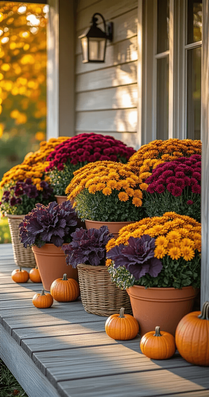 Fall Potted Plants: Your Ultimate Guide to Stunning Autumn Container Gardens Front porch adorned with vibrant mums in terra cotta pots, ornamental kale, and cozy farmhouse elements like mini pumpkins, bathed in warm golden hour light, showcasing an inviting autumn scene.