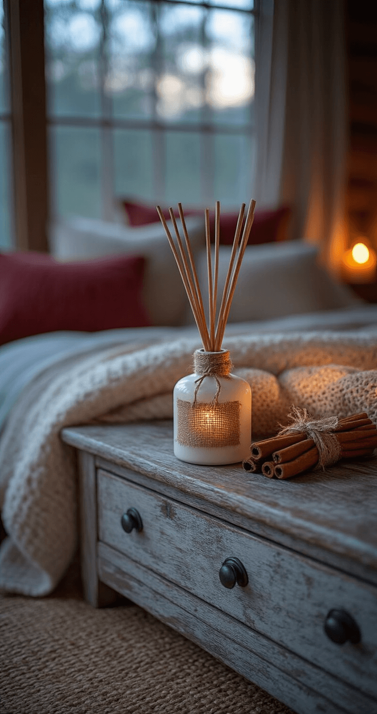 A cozy rustic bedroom detail featuring a reed diffuser on a weathered wood dresser, cinnamon stick bundles tied with burlap, and cream and muted red textiles. A natural jute rug complements the warm amber lighting from various sources, creating a soft ambiance. The camera captures an intimate three-quarter view, emphasizing organic textures in a softly blurred background during twilight.