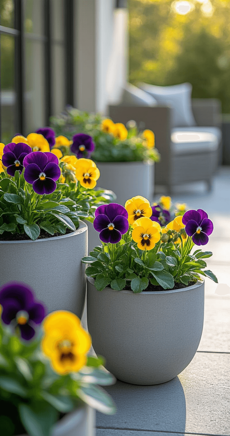 Fall Potted Plants: Your Ultimate Guide to Stunning Autumn Container Gardens Elegant patio with modern concrete planters filled with vibrant purple and yellow pansies and trailing violas, set against a stone patio. Morning light highlights dew on the flowers, accompanied by sleek contemporary outdoor furniture, showcasing a cool-toned color palette and minimalist styling.