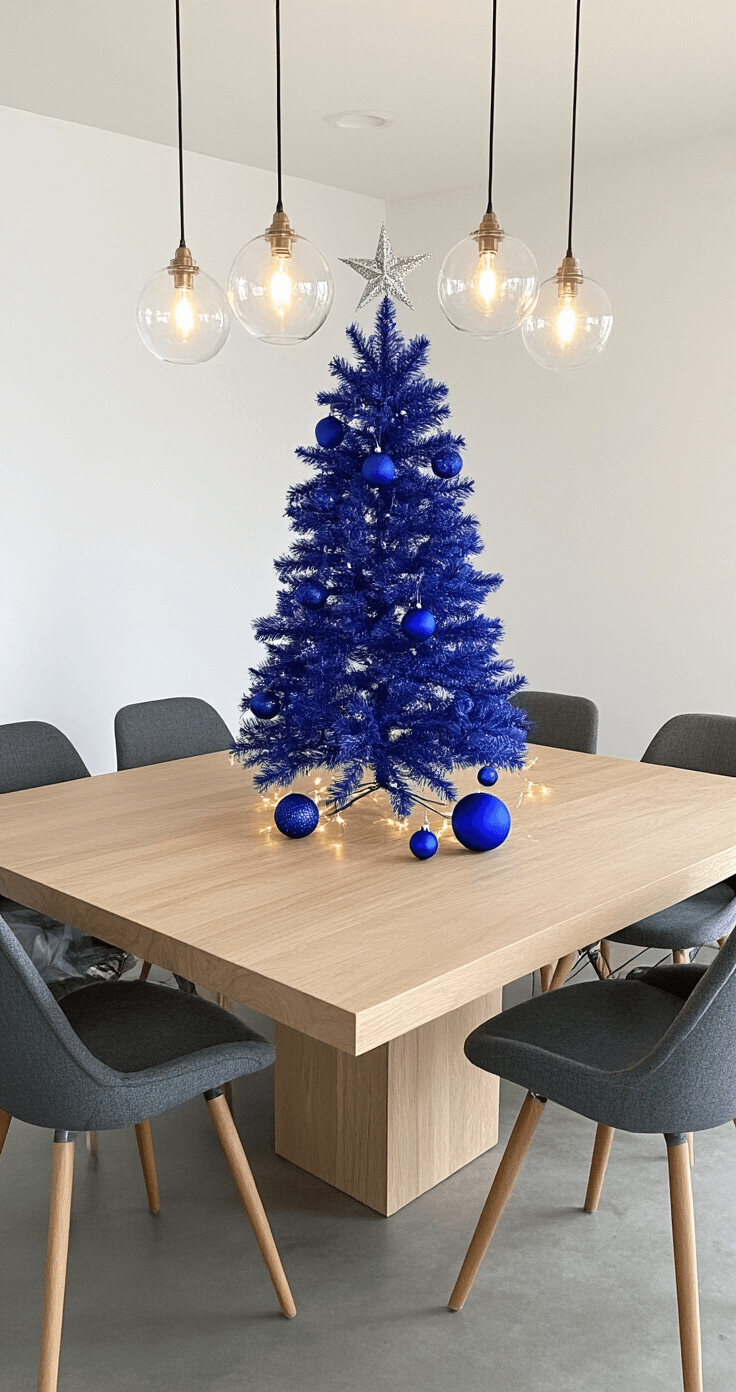 Overhead view of a modern minimalist dining room featuring a cobalt blue Christmas tree on a white oak table, surrounded by six mid-century chairs, with warm ambient lighting and geometric blue ornaments, emphasizing strategic negative space and a clean, uncluttered aesthetic.
