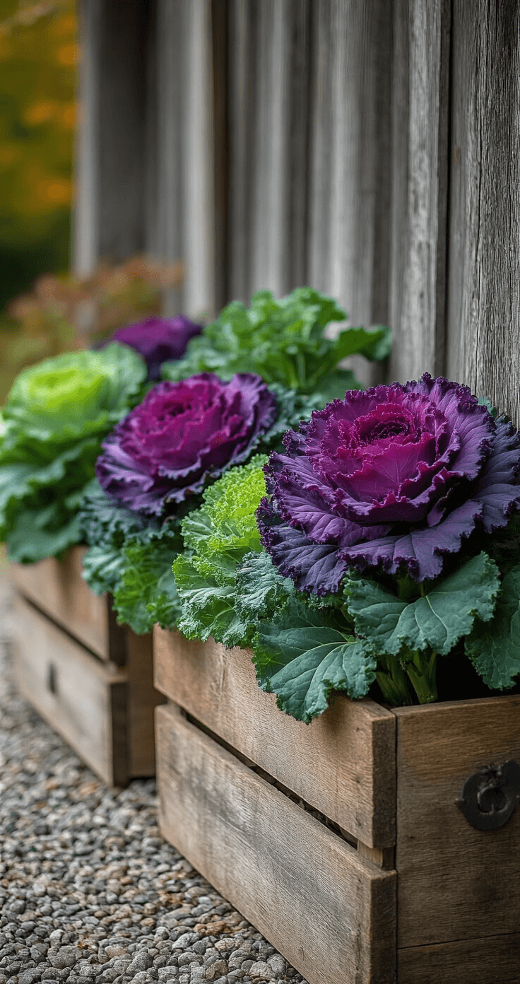 Fall Potted Plants: Your Ultimate Guide to Stunning Autumn Container Gardens Ornamental kale and cabbage arranged in rustic wooden containers on a gravel surface, captured from a slightly elevated angle under soft diffused lighting, showcasing dramatic purple and green leaves and weathered barn wood planters, with rich jewel tones and organic cottage garden styling.