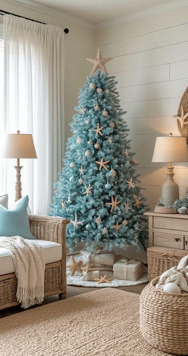 Cozy coastal-themed family room featuring a blue-green gradient Christmas tree adorned with starfish ornaments and driftwood, natural wood furniture, and beachy decor, illuminated by afternoon light through sheer curtains.