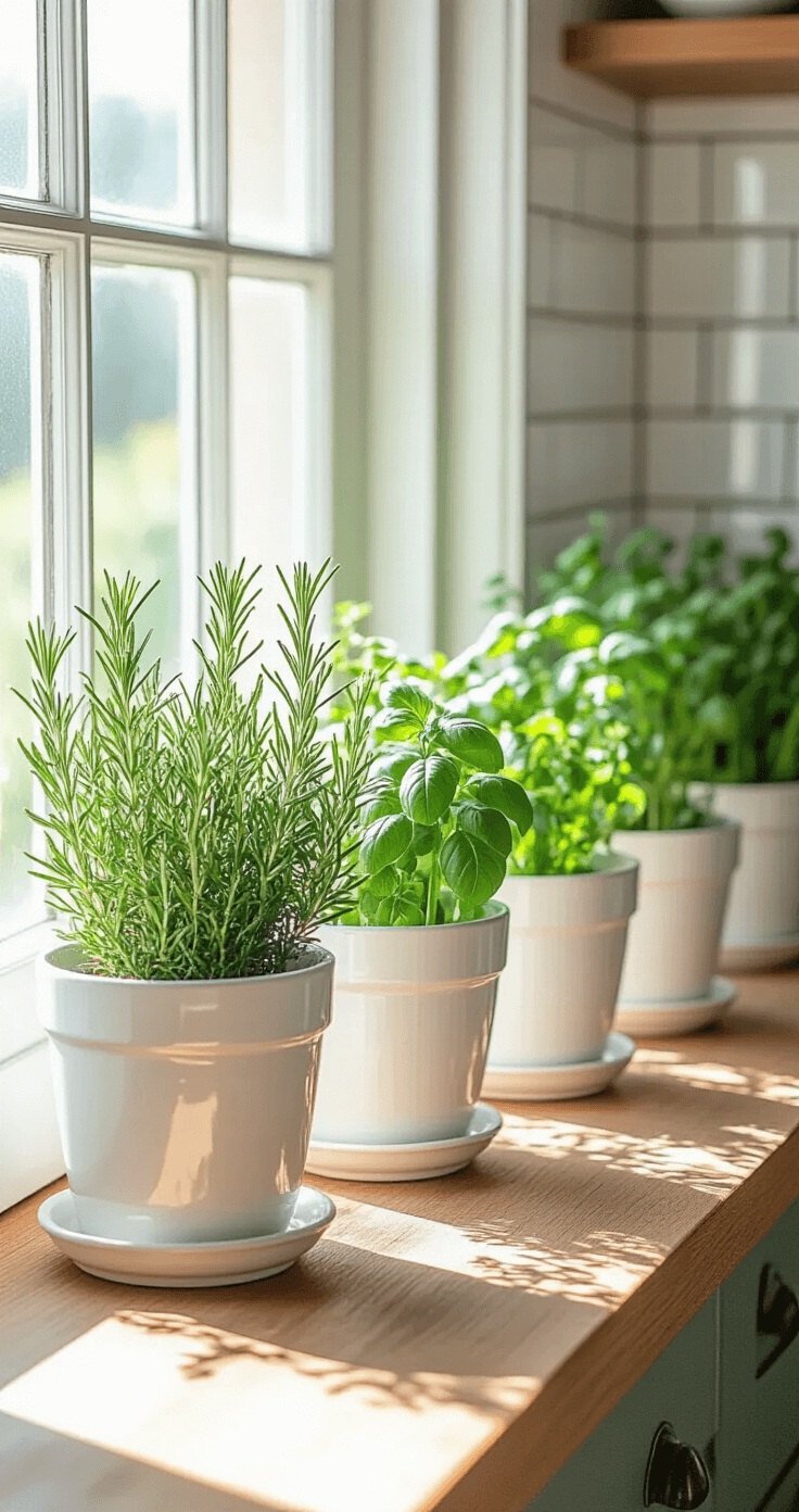 Fall Potted Plants: Your Ultimate Guide to Stunning Autumn Container Gardens A sunny windowsill displays a collection of white ceramic pots containing fresh rosemary, sage, and parsley in various growth stages, arranged on a wooden ledge with vintage-style planters and drainage saucers against a farmhouse kitchen backdrop of subway tiles, creating a bright and cheerful culinary garden atmosphere.
